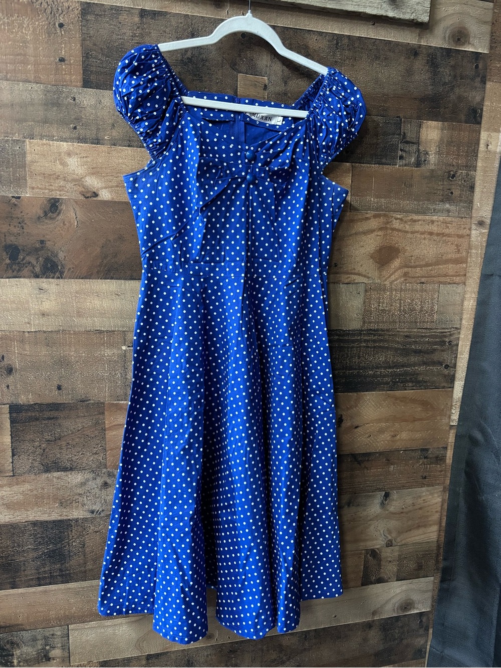 Polka Dot Blue Midi Dress with Puff Sleeves and Buttons